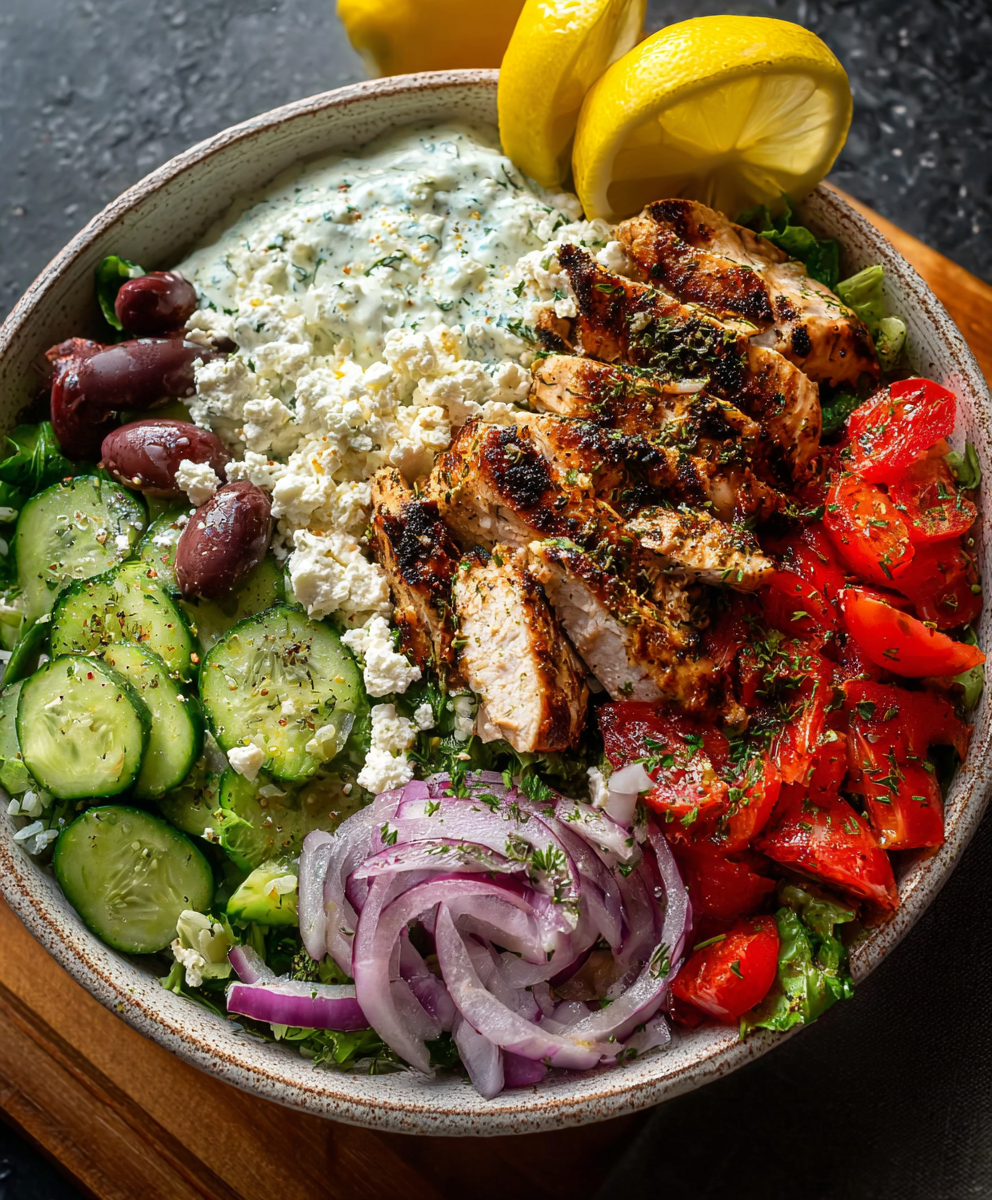 Sliced Greek chicken over rice with vegetables and tzatziki