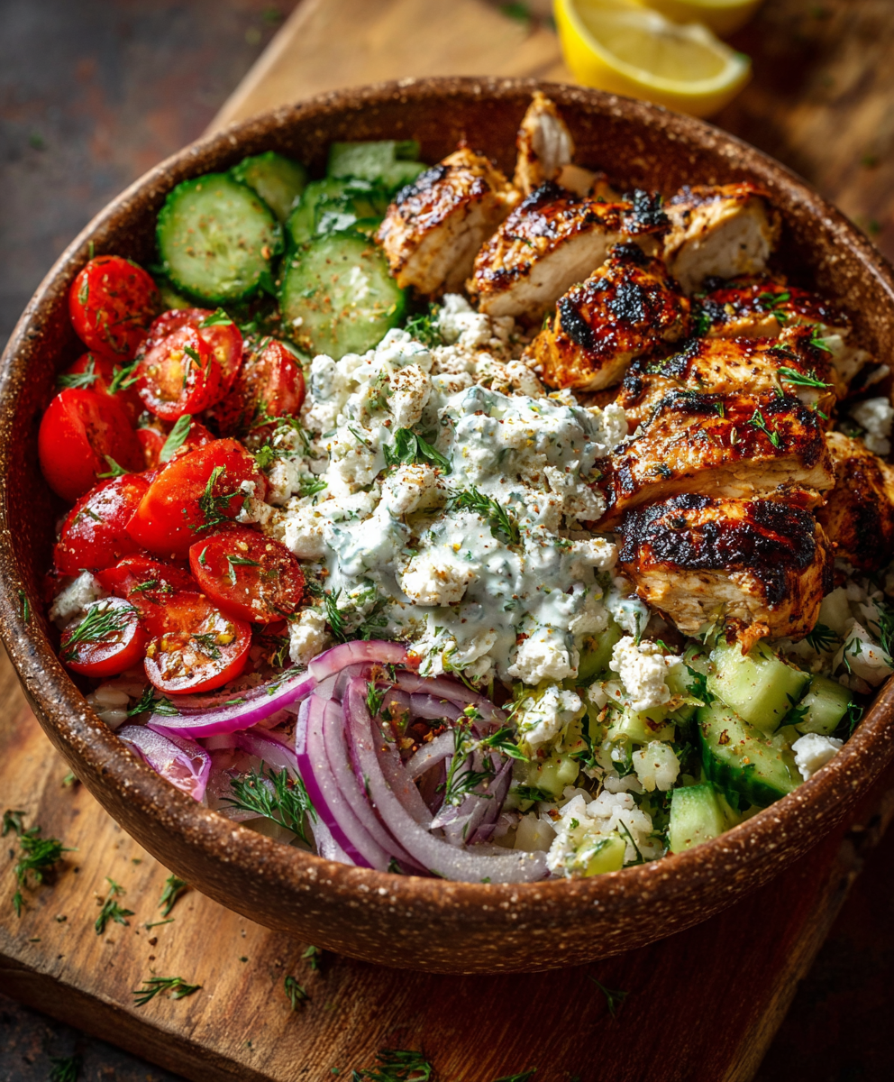 Close up of tzatziki and crumbled feta on a bowl