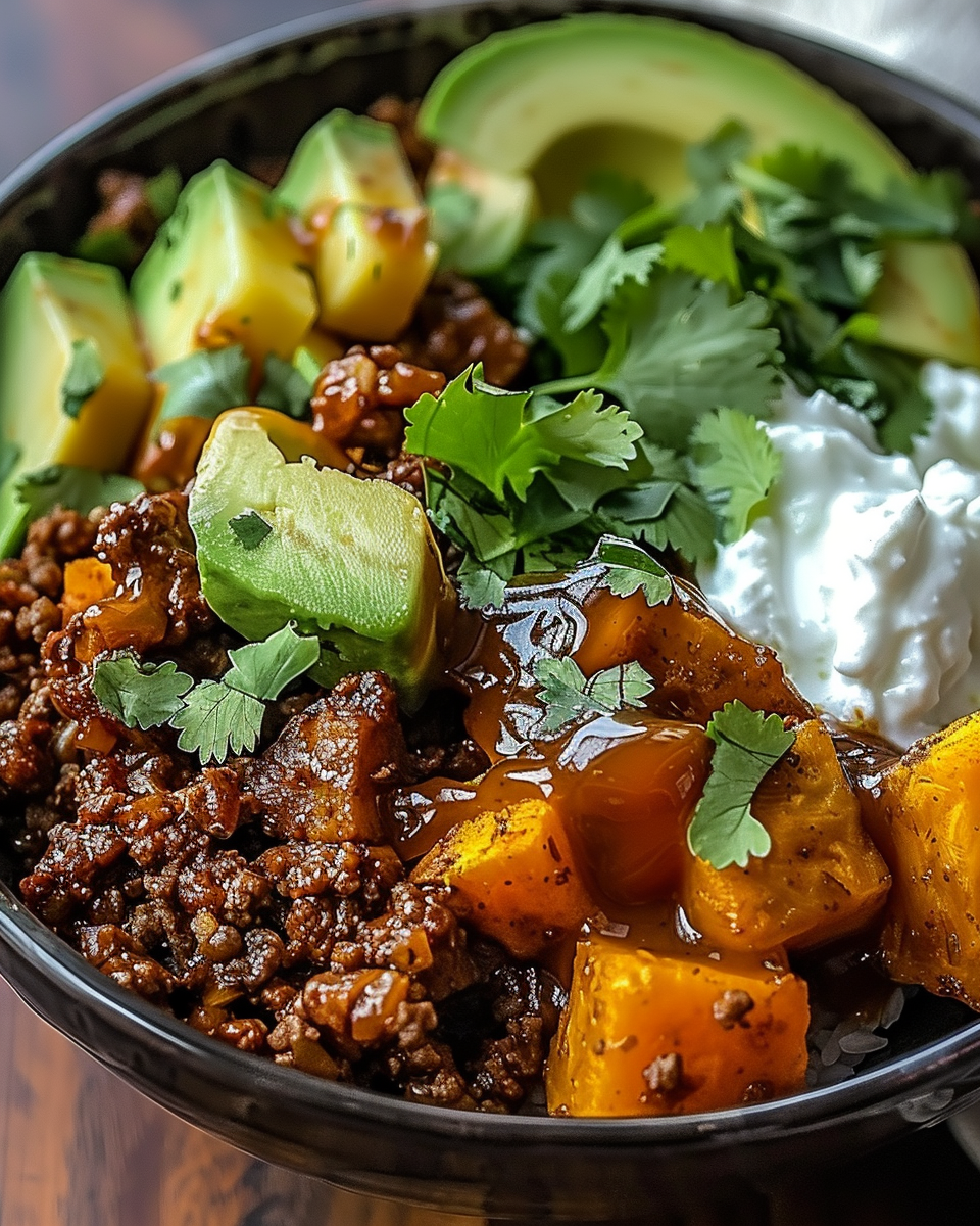 Roasted sweet potatoes and seasoned ground beef in bowls