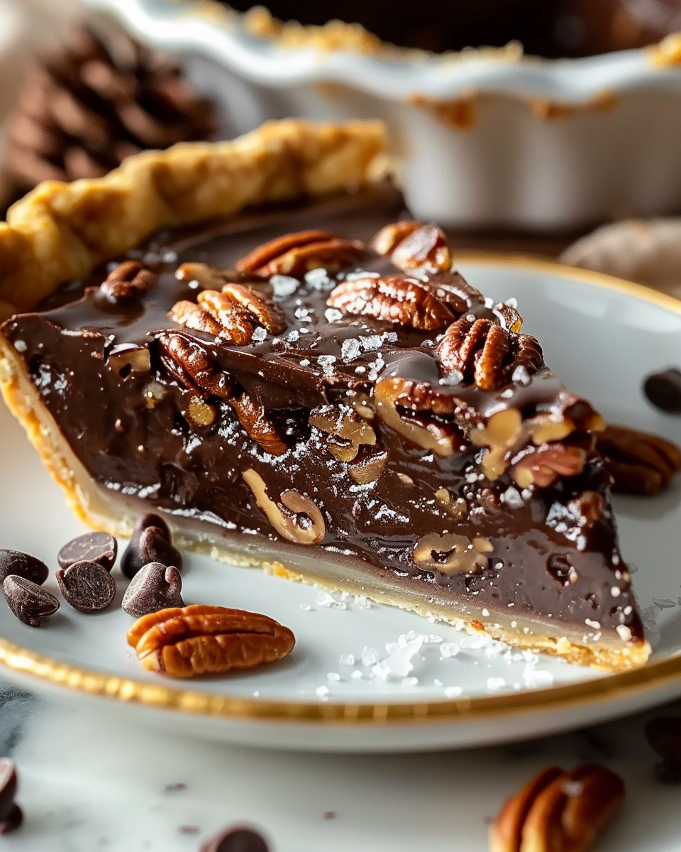 Top view of Texas Chocolate Pecan Pie with glossy filling and pecan halves