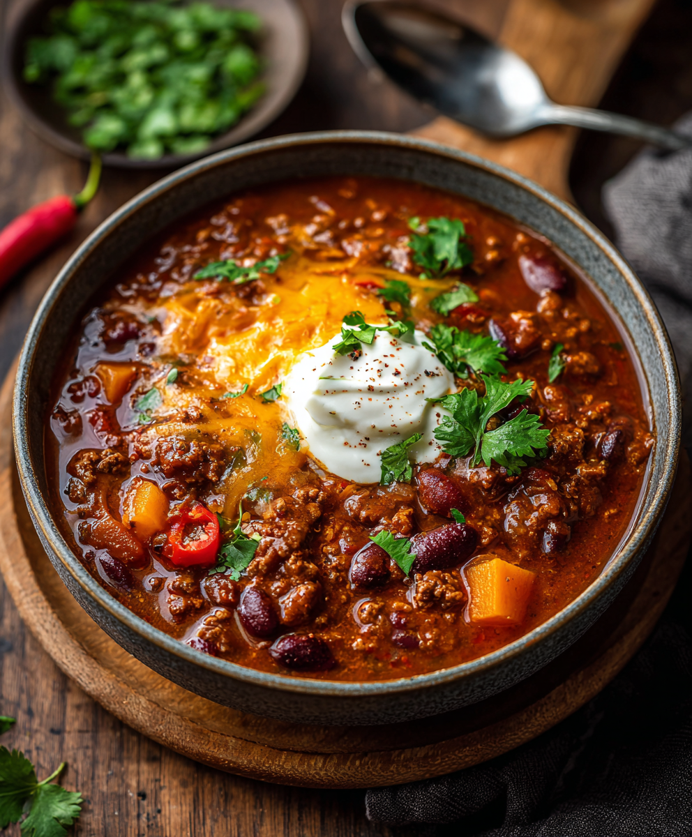 Bowl of pumpkin chili topped with shredded cheddar and avocado slices