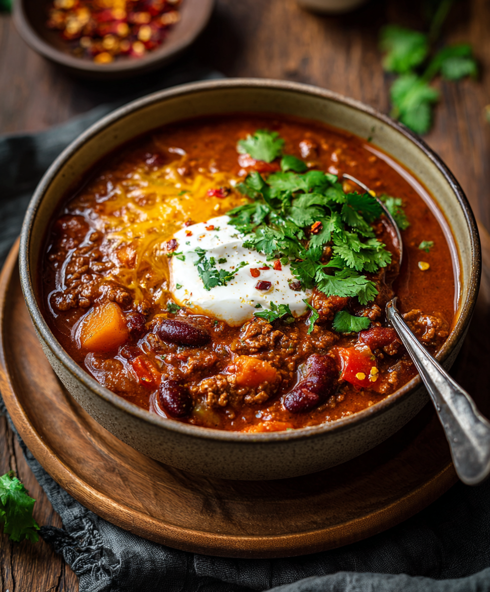 Close-up of chili with garnishes, pumpkin seeds, and cheese