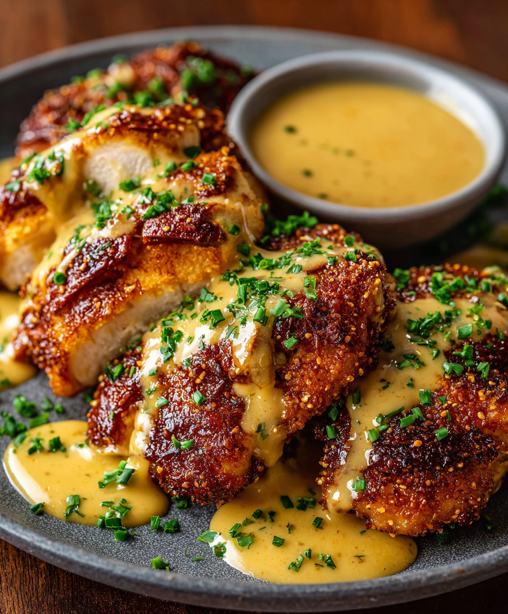 Sliced pretzel-crusted chicken with sauce