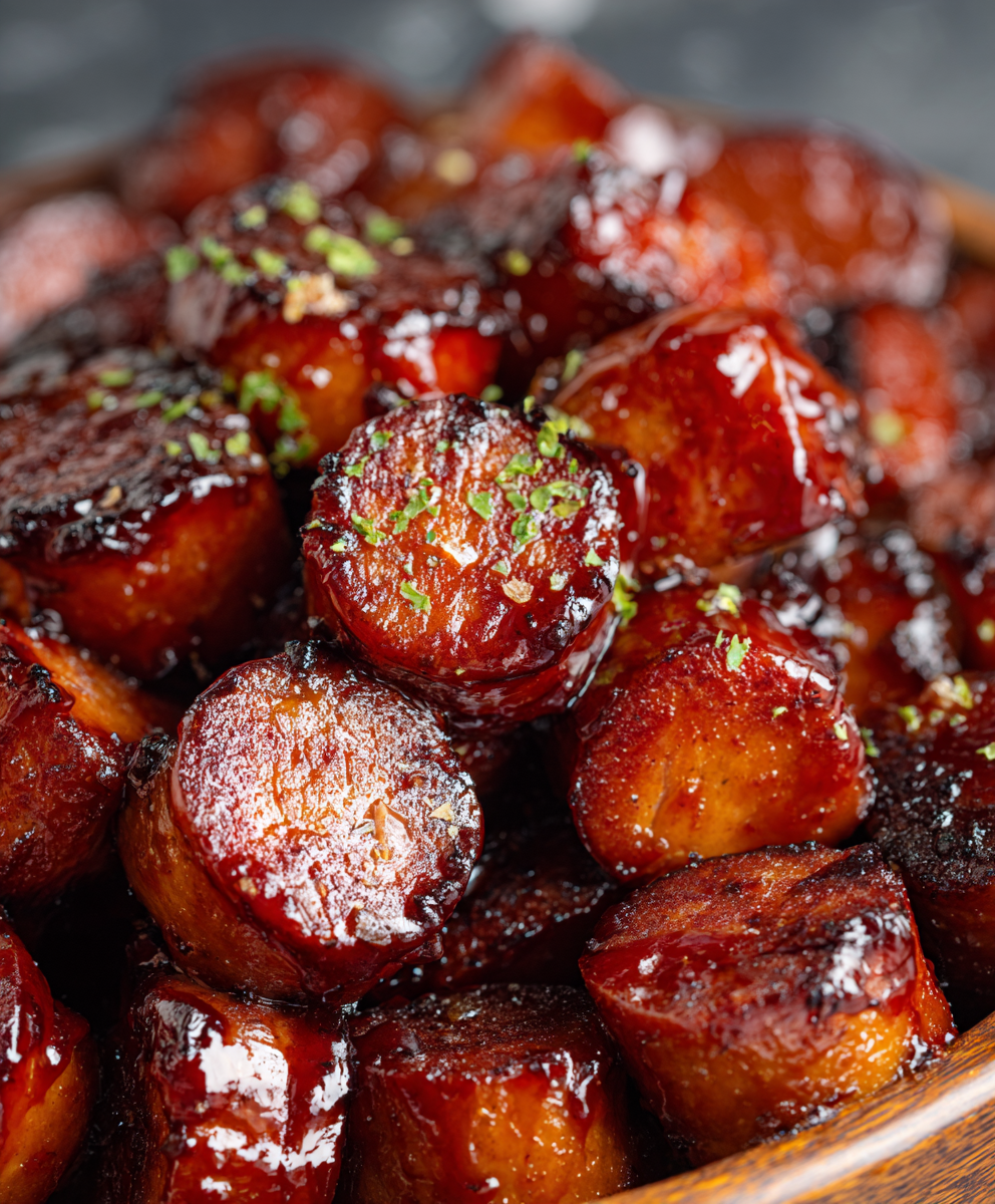 Tray of sticky BBQ sausage bites fresh from the oven