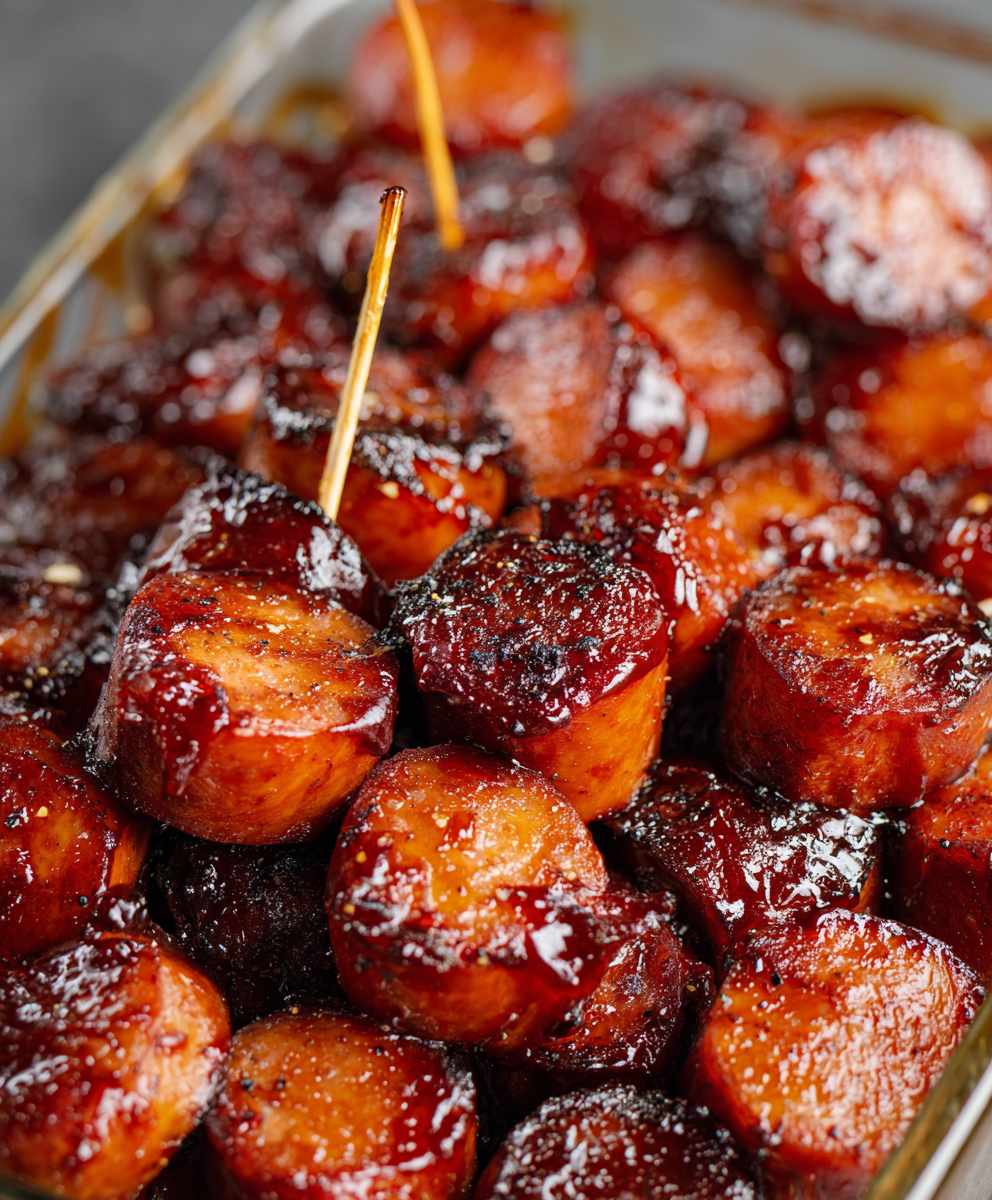 Close-up of a glazed sausage bite on a toothpick