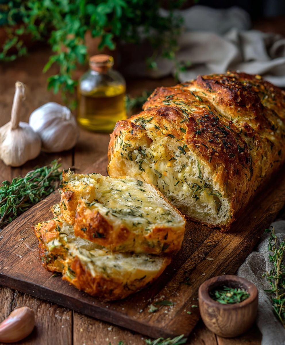 Sliced Italian herbs and cheese bread on a board