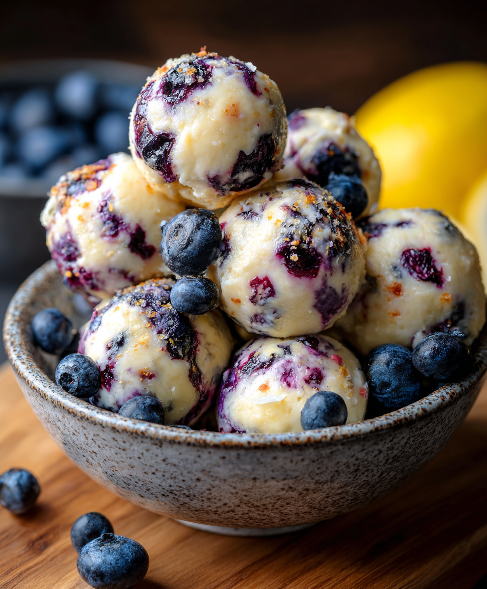 Rolled lemon blueberry protein bites on parchment