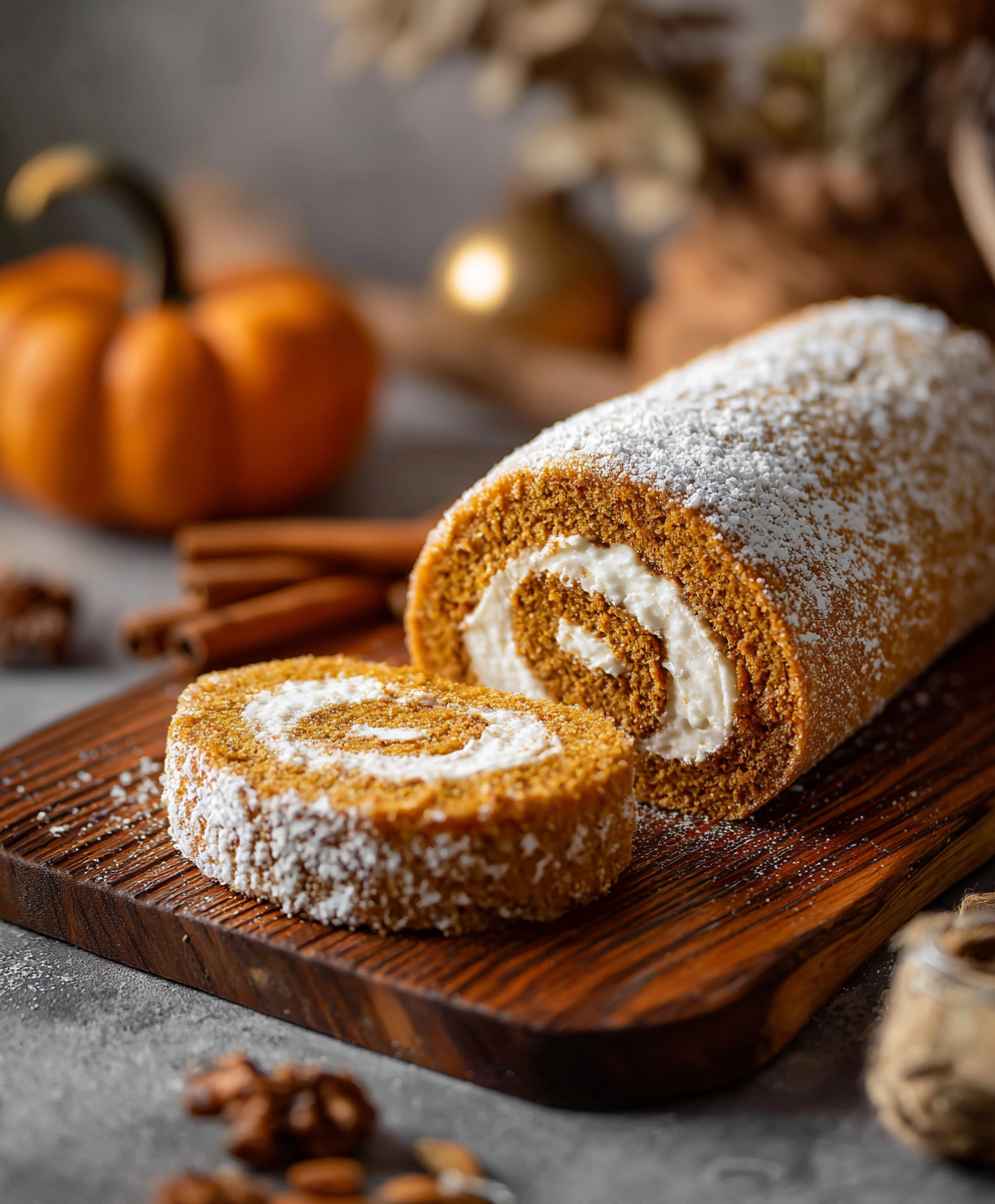 Sliced pumpkin roll on serving plate