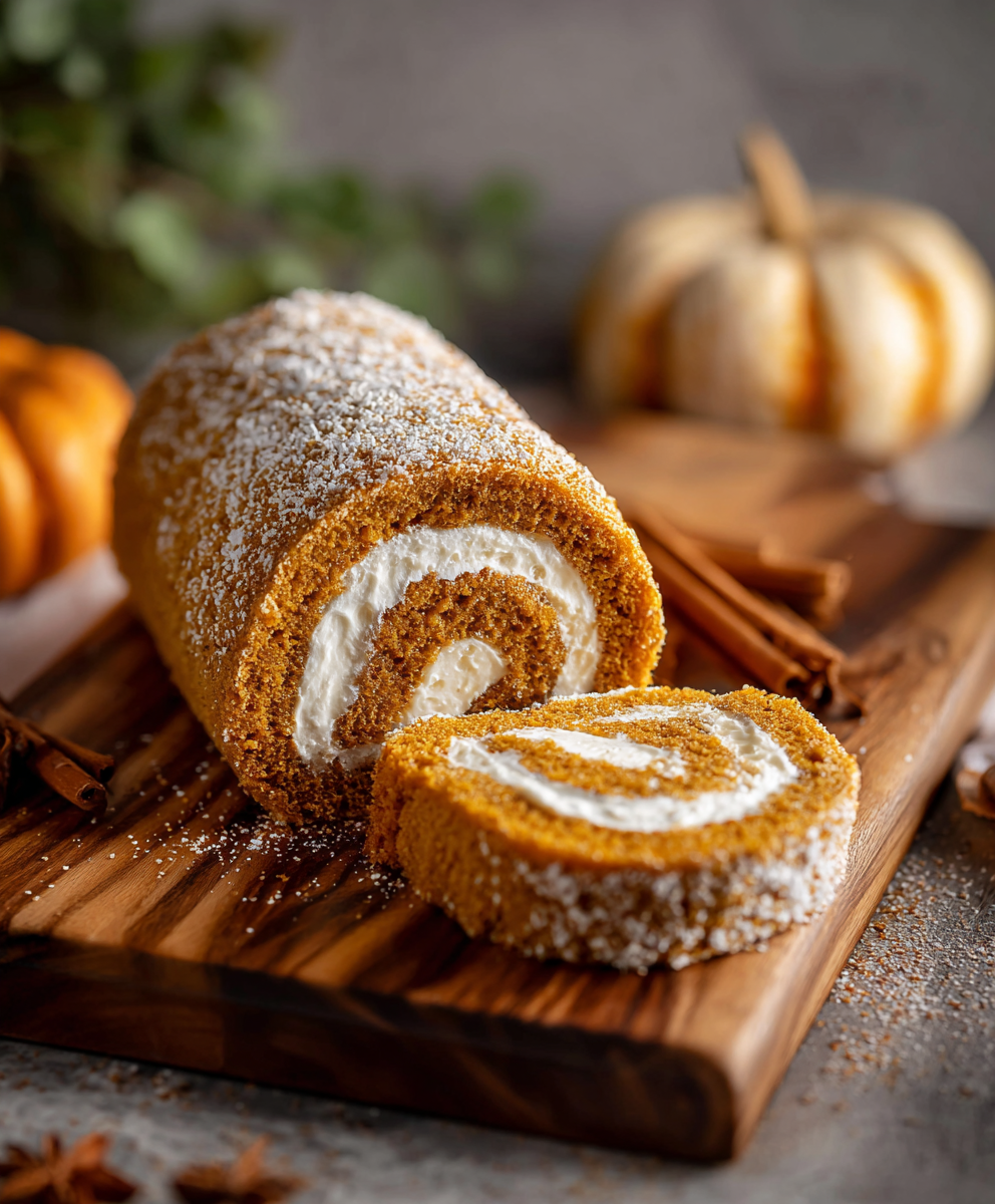 Whole pumpkin roll partially sliced