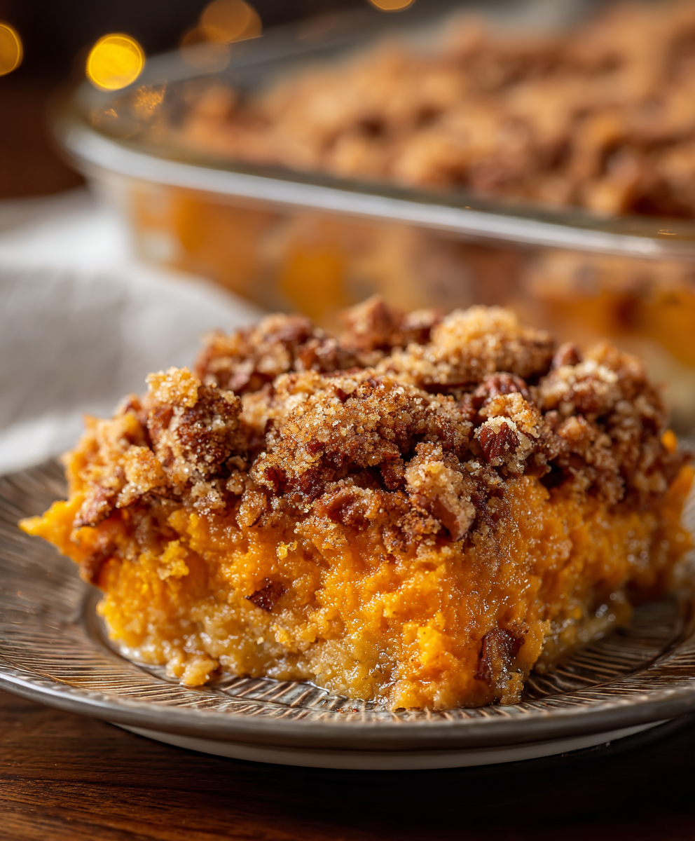 Sweet potato crunch casserole fresh from oven