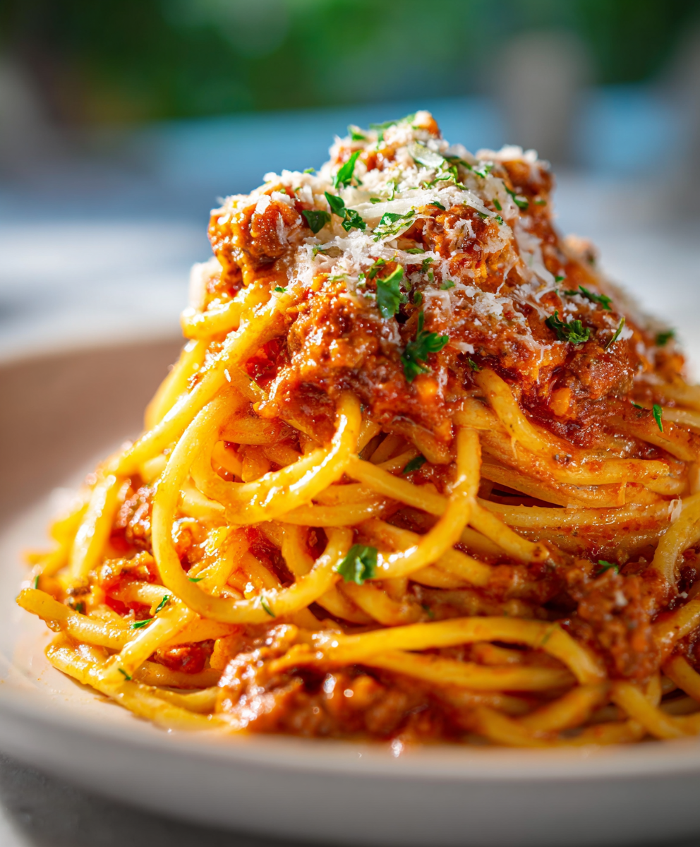 Million Dollar Spaghetti bubbling in a casserole dish, golden cheese on top