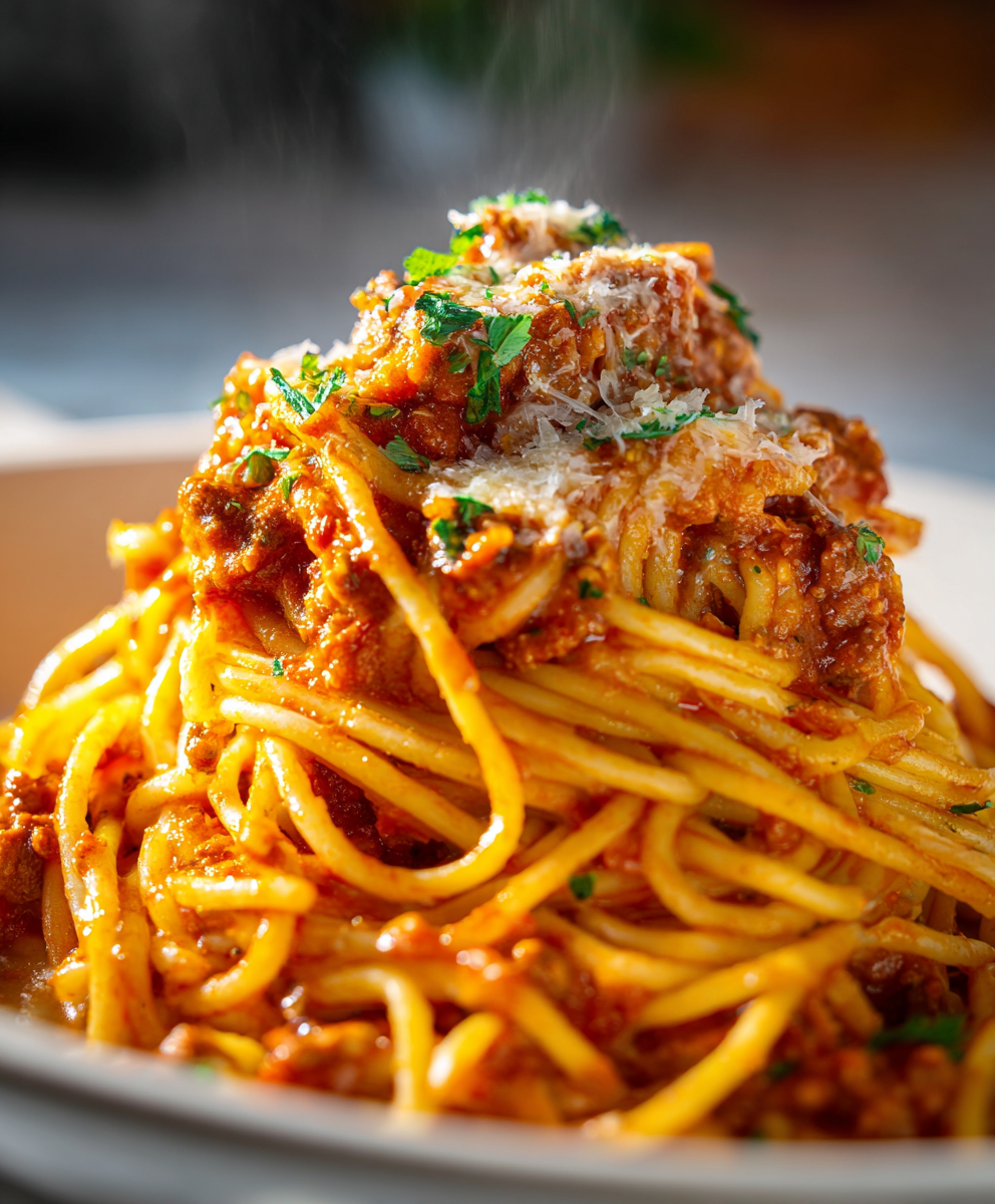 Close-up of golden browned mozzarella and bubbling edges on baked spaghetti