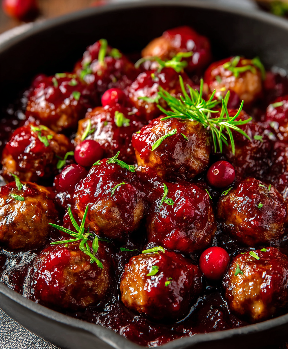 Serving bowl with glazed cranberry meatballs