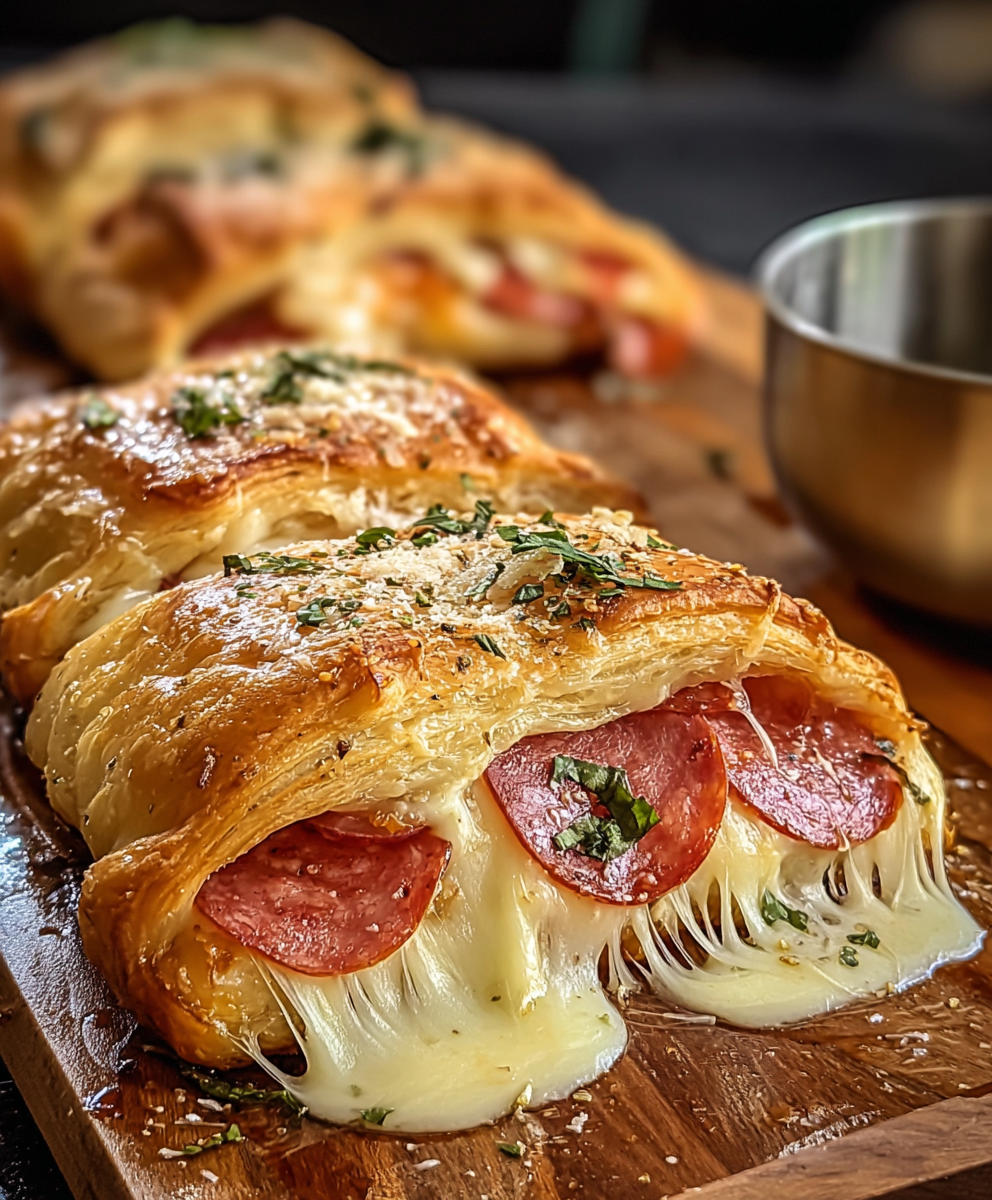 Baked Italian sandwich in a 9 by 13 pan with golden crust