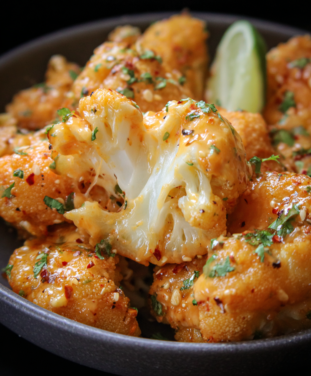 Air fryer bang bang cauliflower on a serving plate