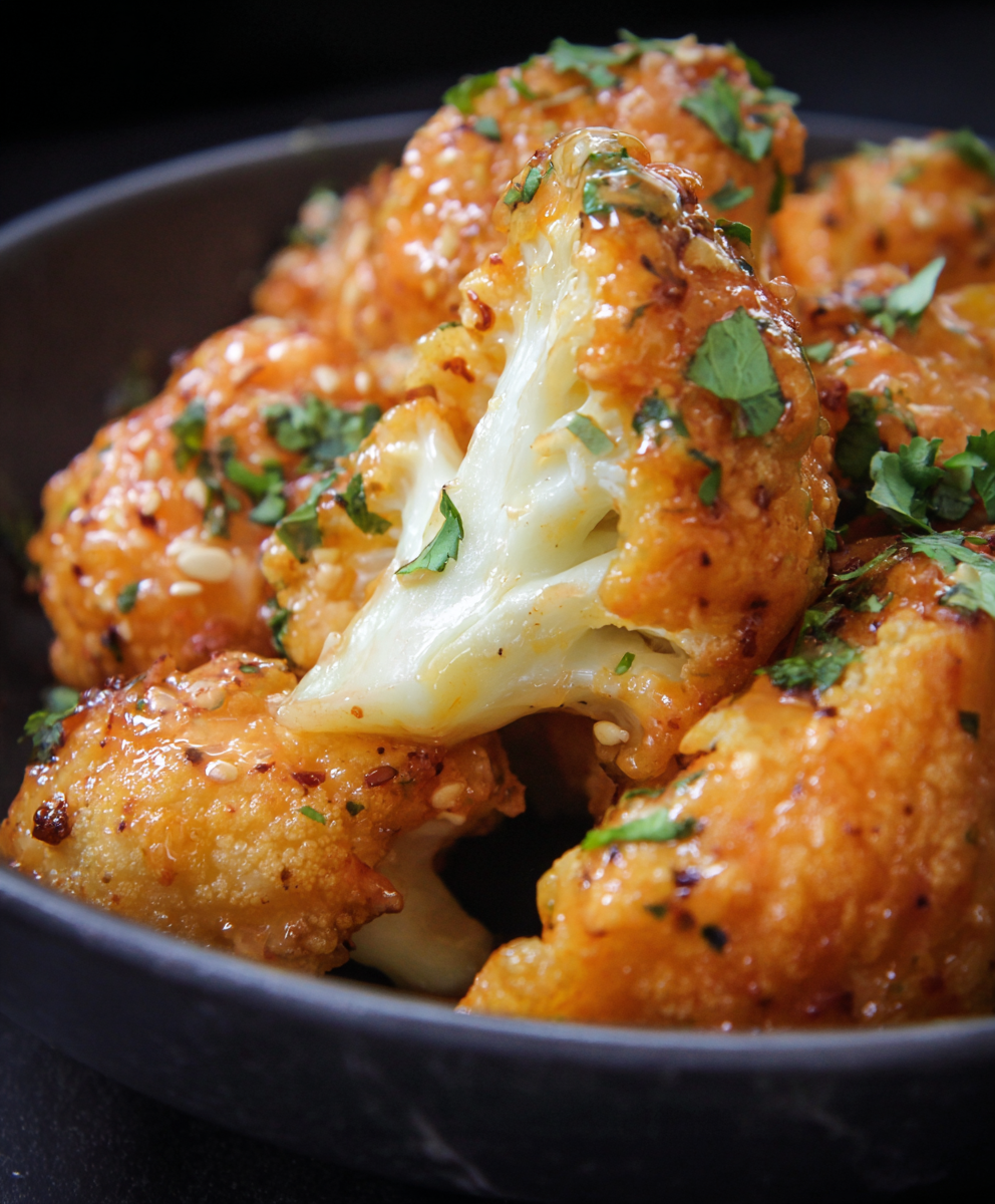 Close up of crispy panko cauliflower with bang bang sauce