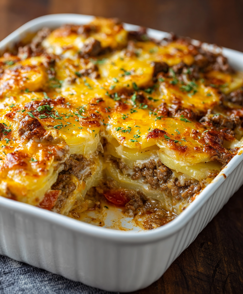 Cheesy Hamburger Potato Casserole, top view