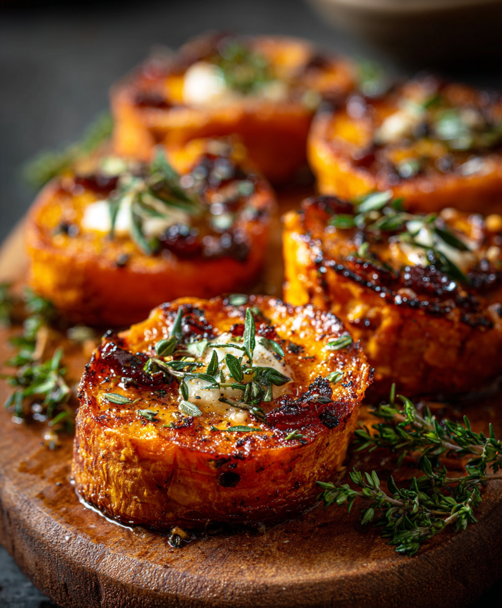 Roasted Sweet Potato Rounds with Herbed Ricotta, Walnuts & Cranberries