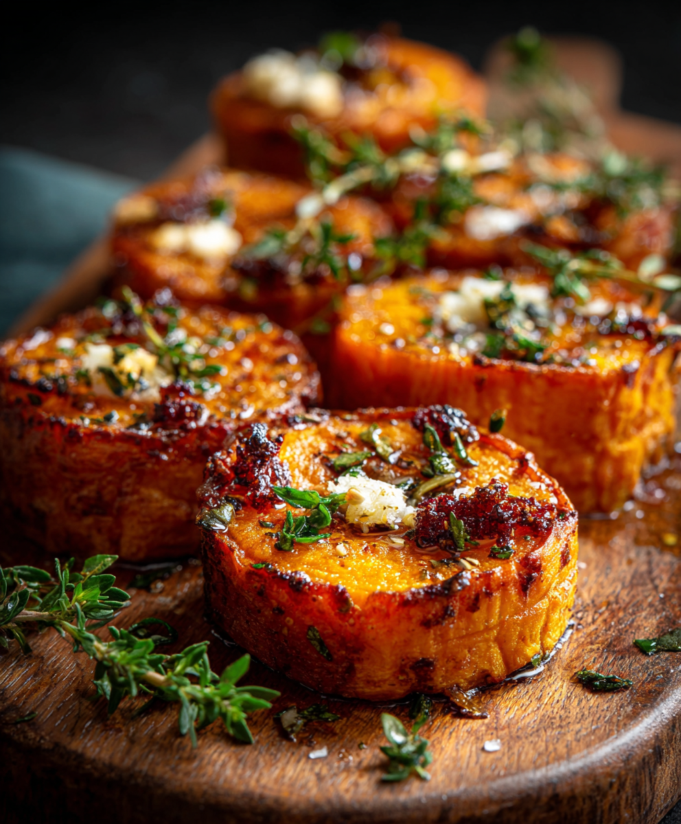 Finished sweet potato rounds arranged on a platter