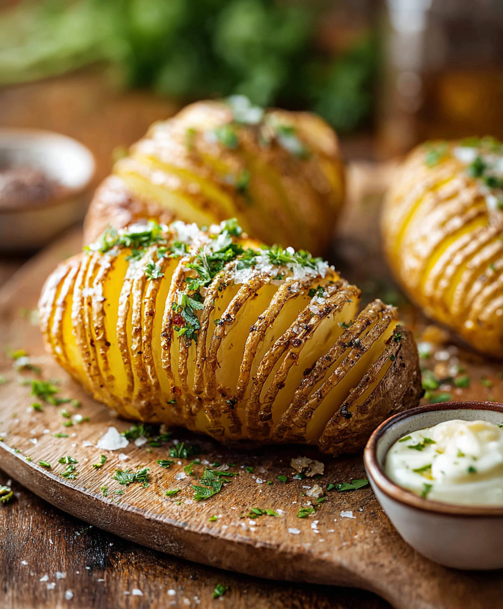 Finished hasselback potatoes plated with herbs