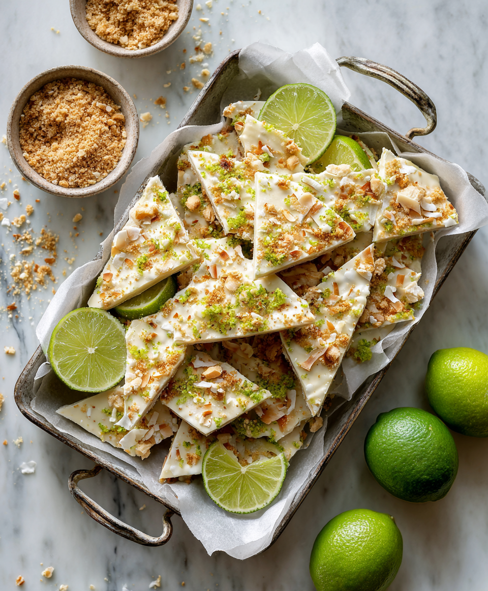 Broken pieces of key lime yogurt bark on parchment