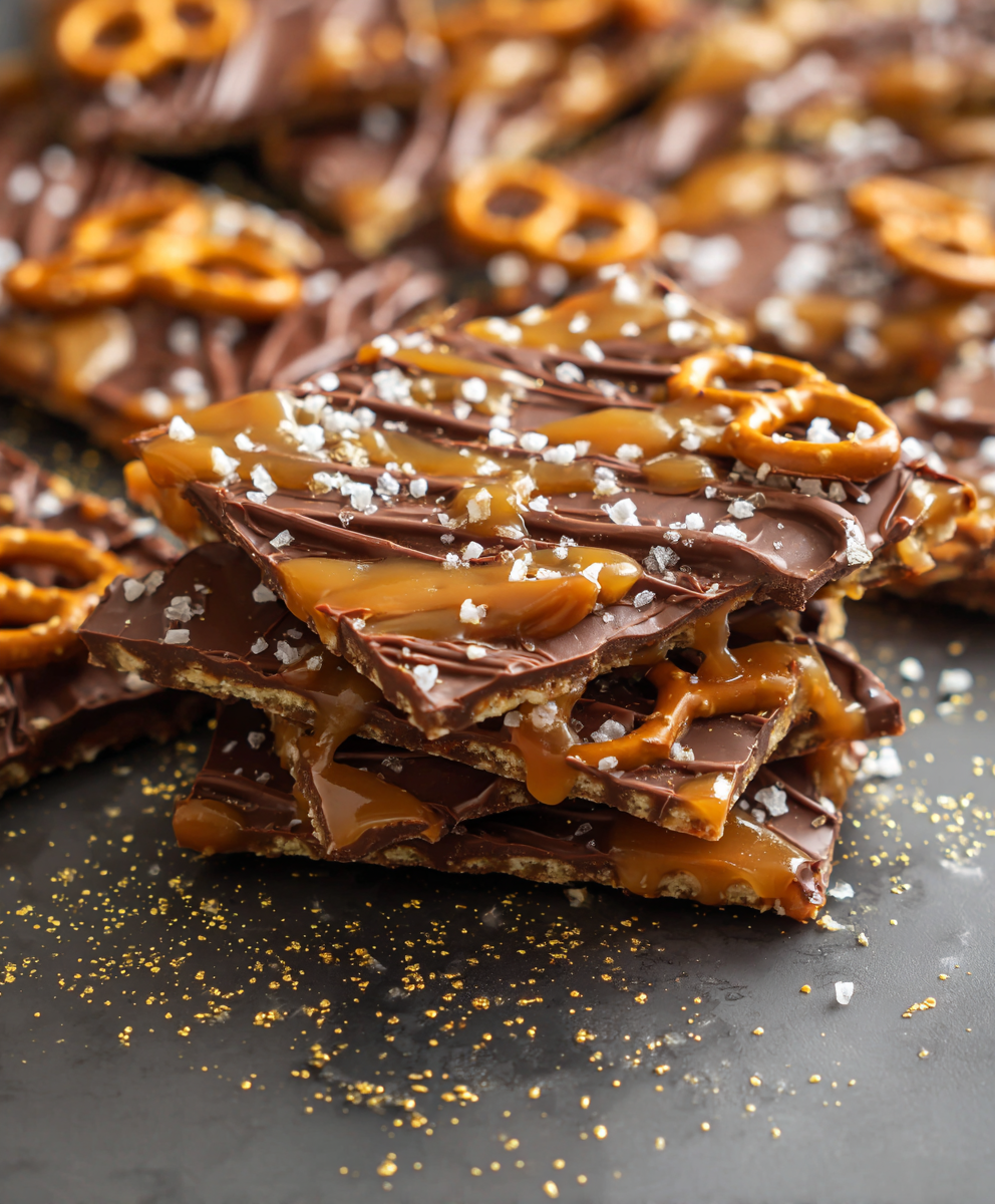 Salted caramel drizzled over pretzels and chocolate bark on parchment