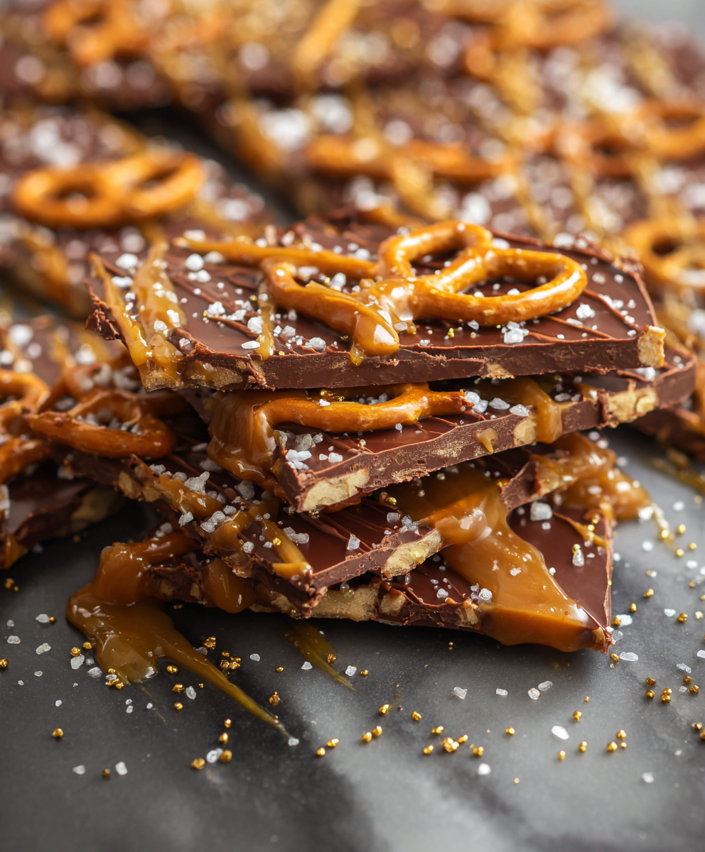 Close-up of caramel and chocolate swirls on pretzel bark