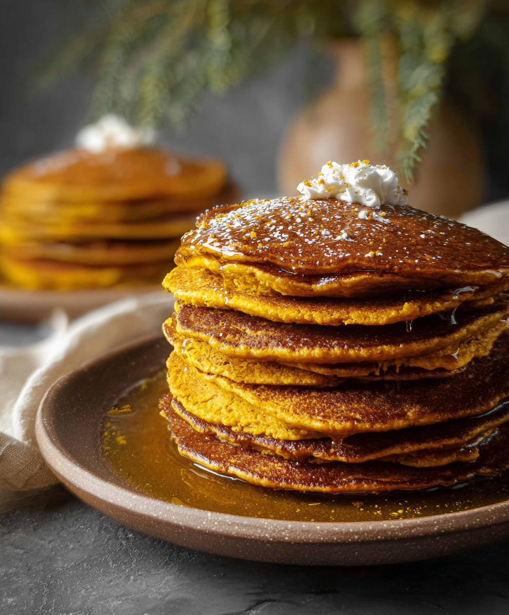 Stack of pumpkin pancakes on a plate with syrup
