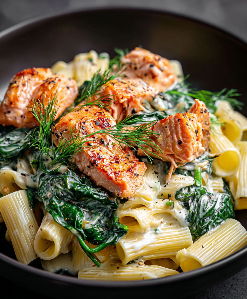 Baked salmon flakes with rigatoni and spinach