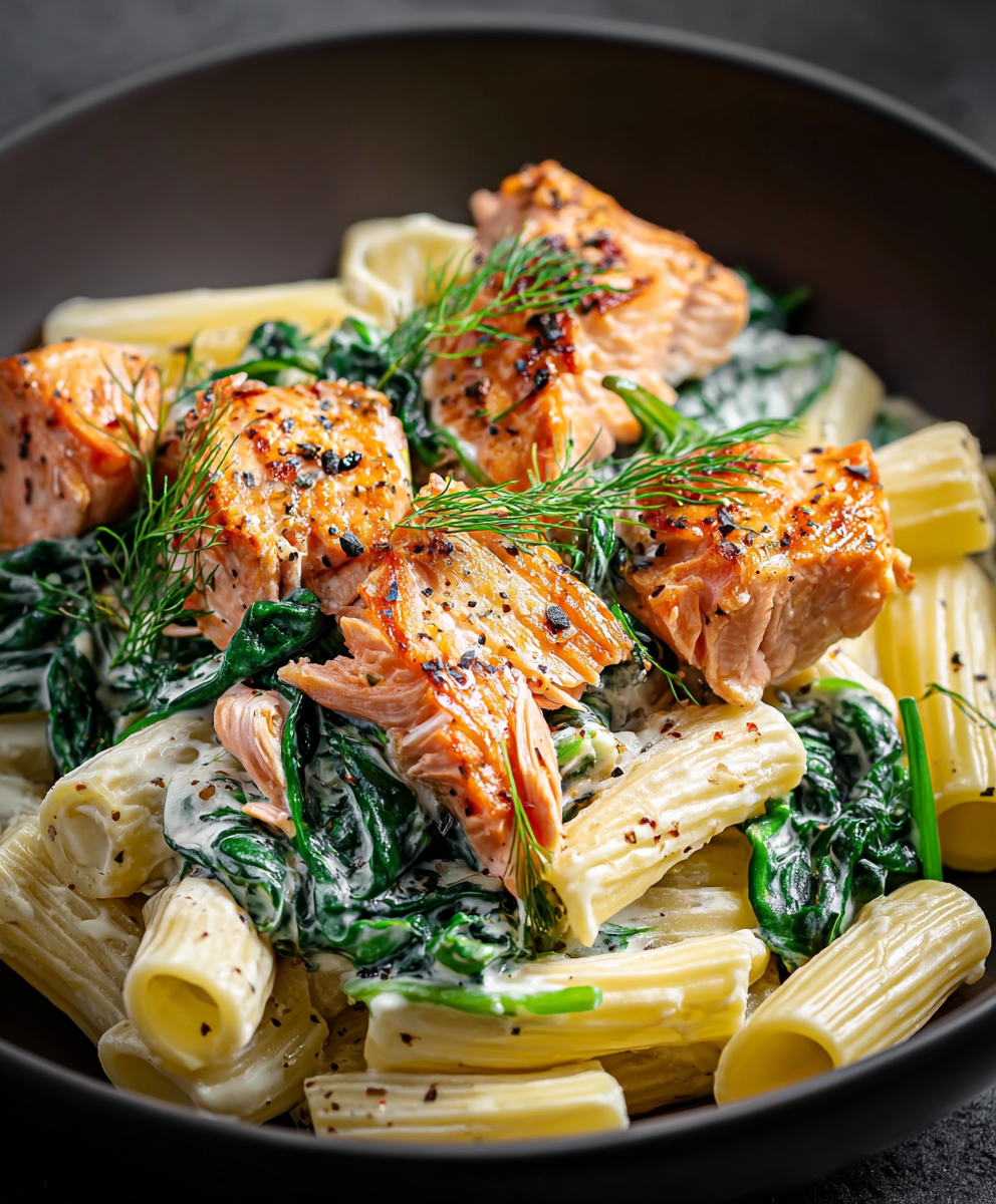 Plated salmon pasta with lemon and dill