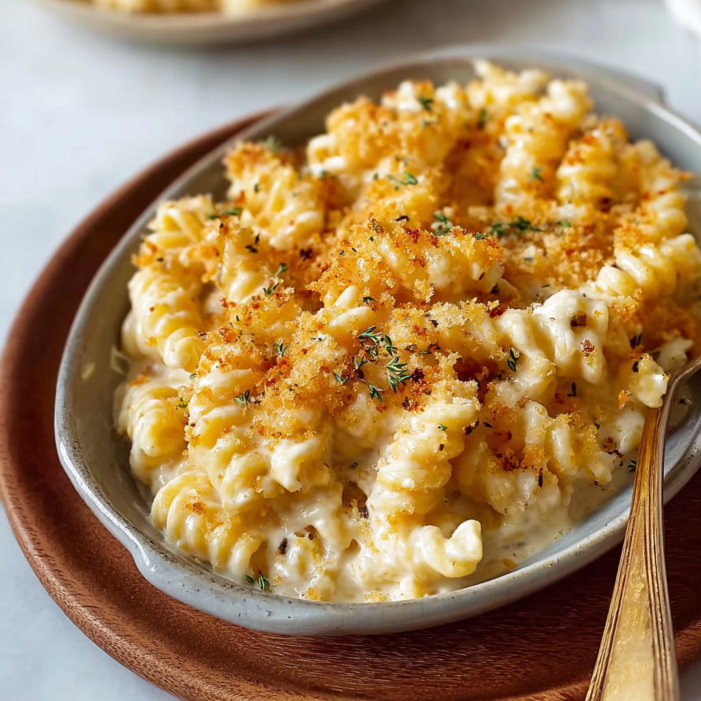 Boursin mac and cheese bubbling in a baking dish