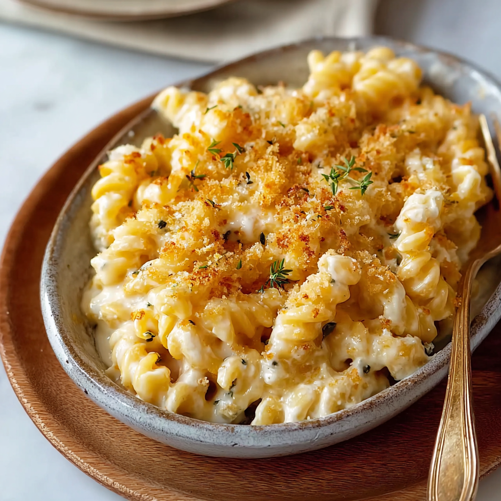 Golden breadcrumb topping on creamy mac and cheese