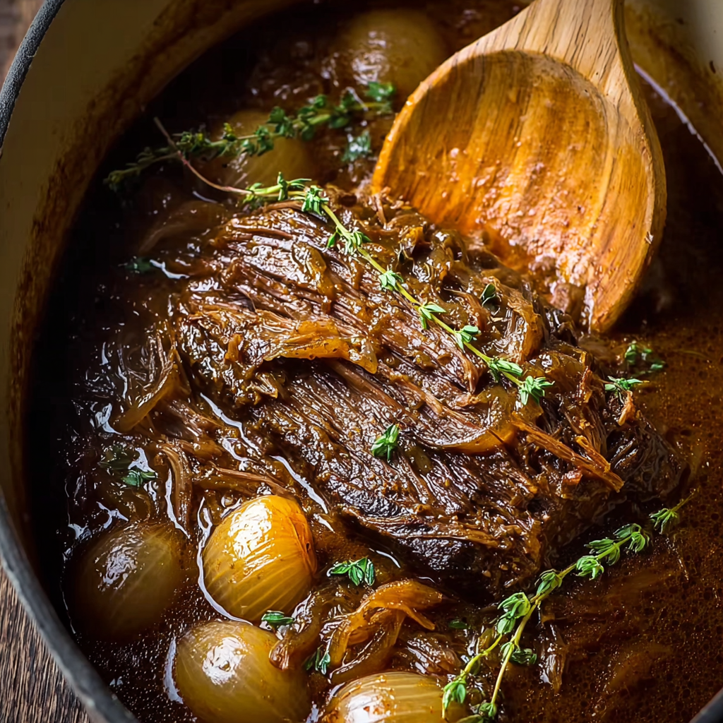 Seared roast and caramelized onions in Dutch oven