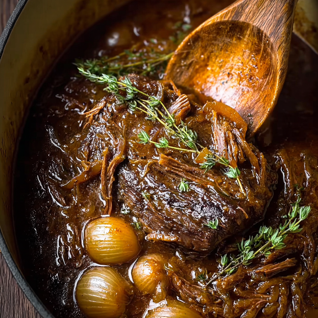 Plated pot roast with onions and herbs