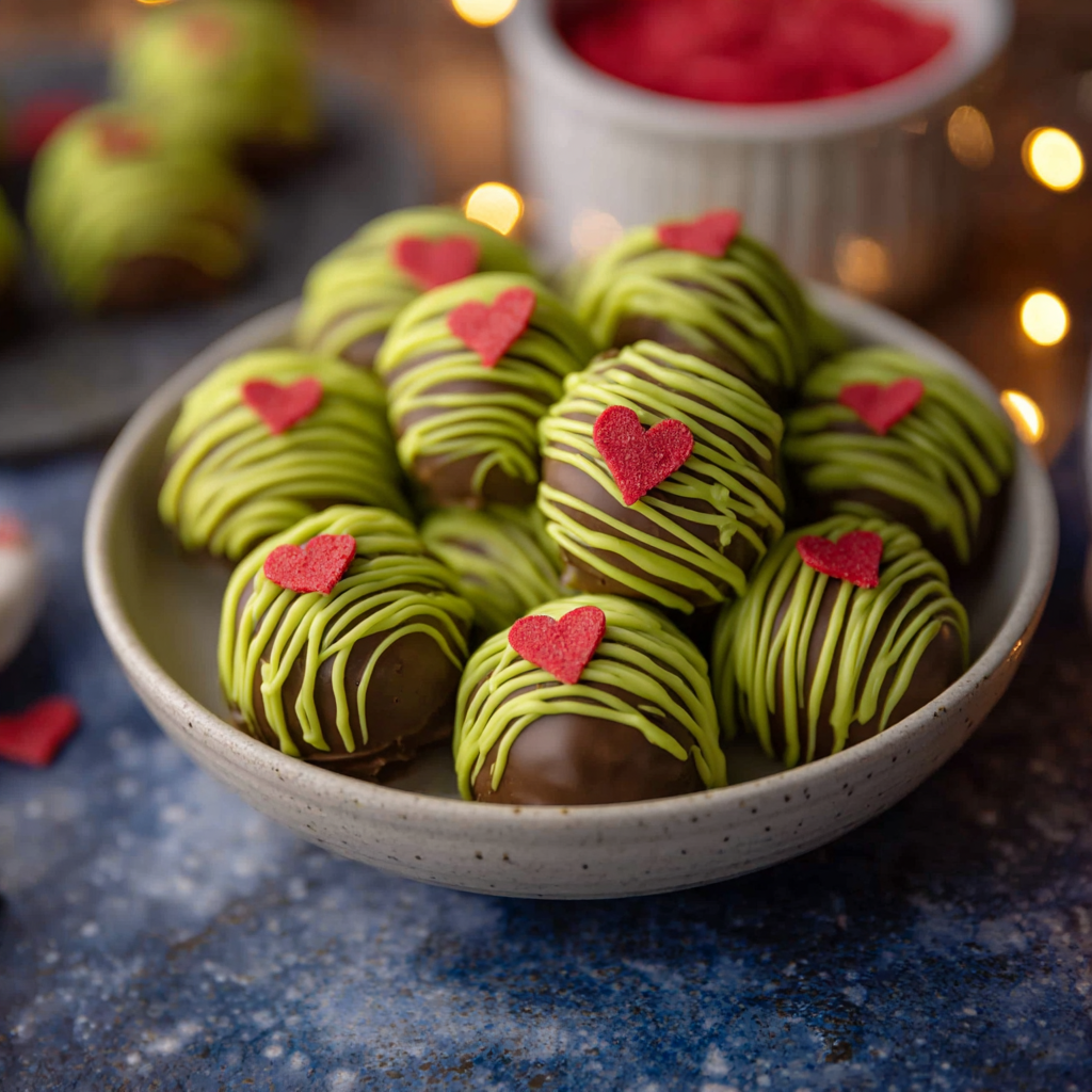 Close-up of green-coated truffles with red heart sprinkles