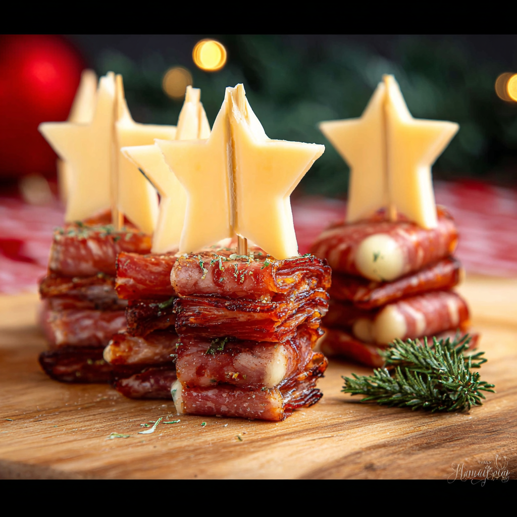 Finished star-topped cheese and meat skewers arranged on a festive tray