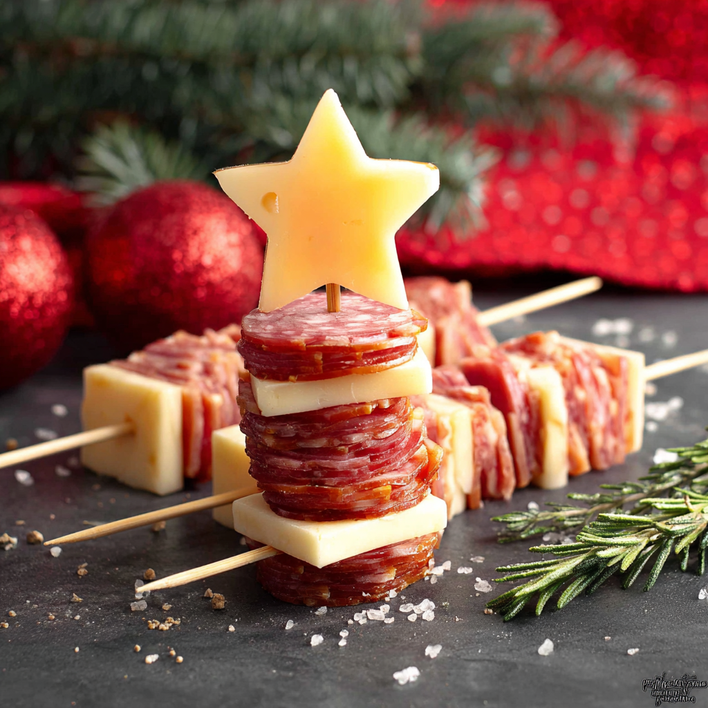 Close-up of folded pepperoni and salami on a skewer