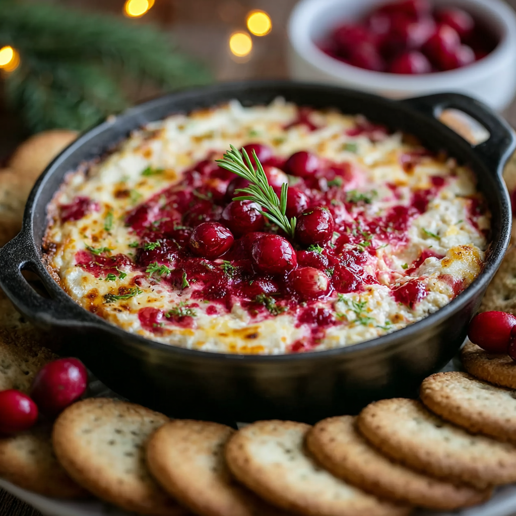 Close up of sugared cranberries on cheesy dip
