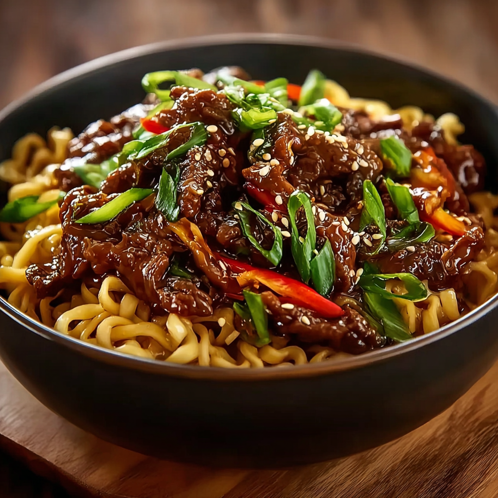 Close-up of glossy beef and noodles