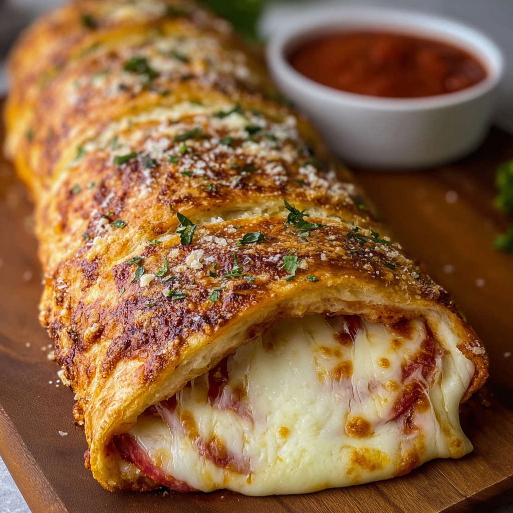 Golden baked stromboli on a parchment-lined baking sheet