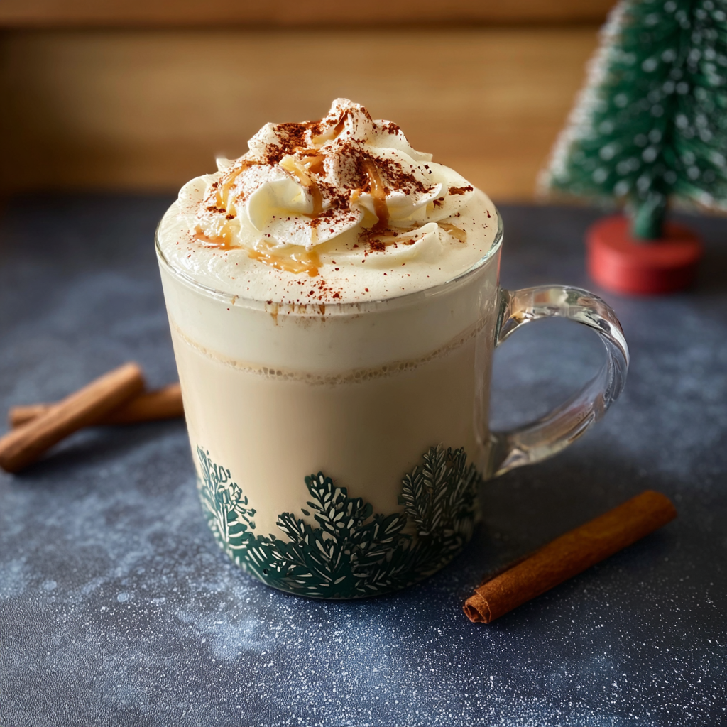 A mug of Christmas chai latte topped with spiced whipped cream