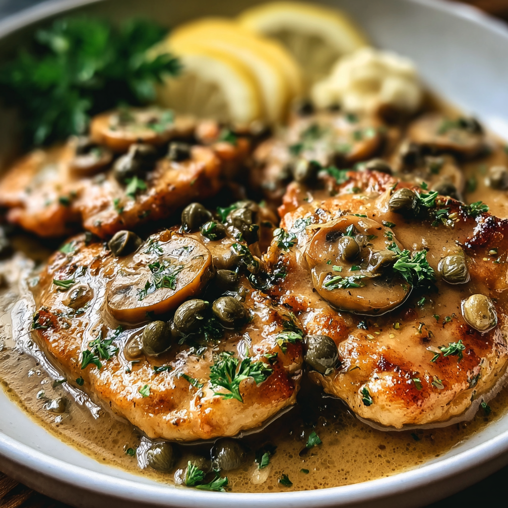 Plated chicken piccata with parsley over pasta