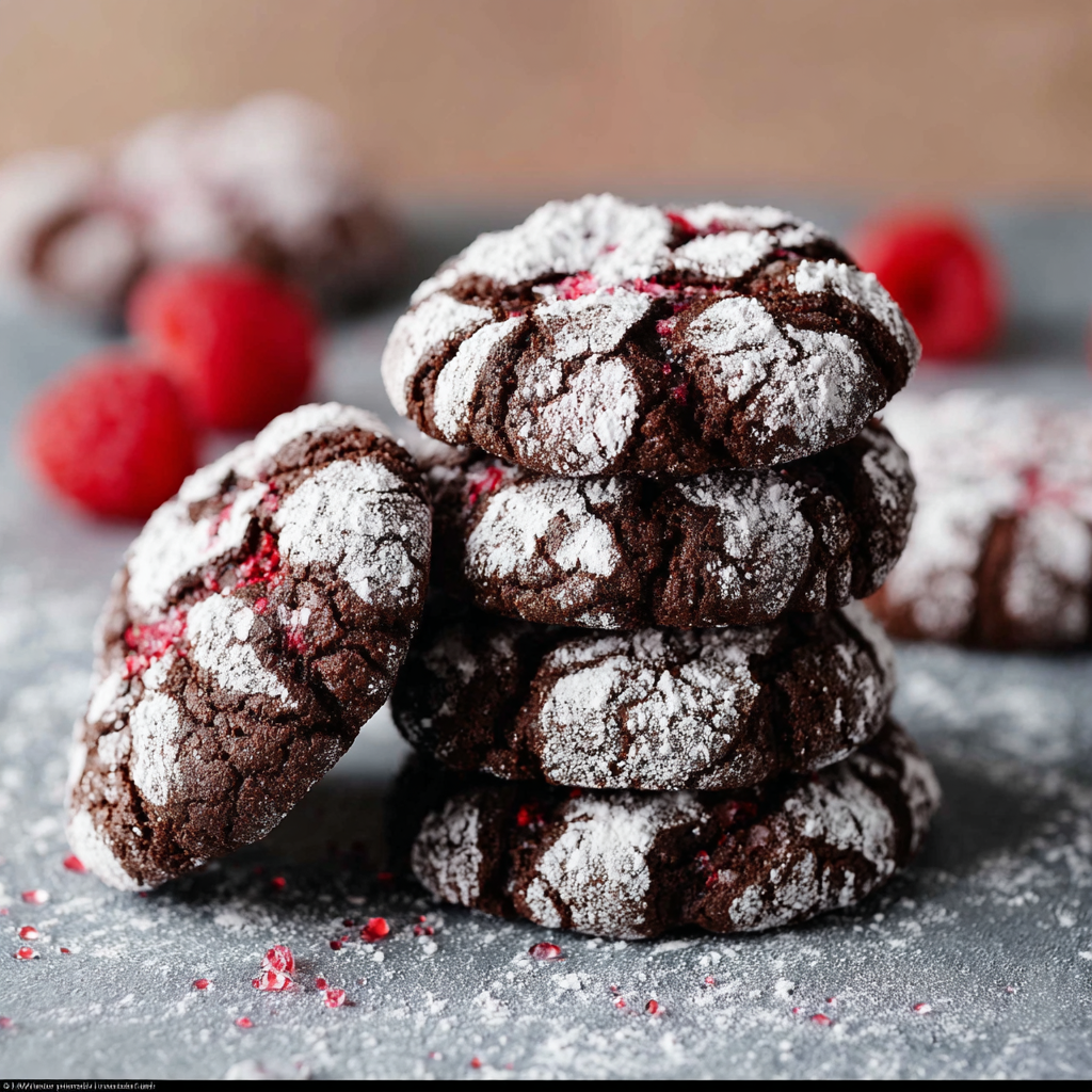 Tray of chocolate raspberry crinkle cookies cooling on a wire rack