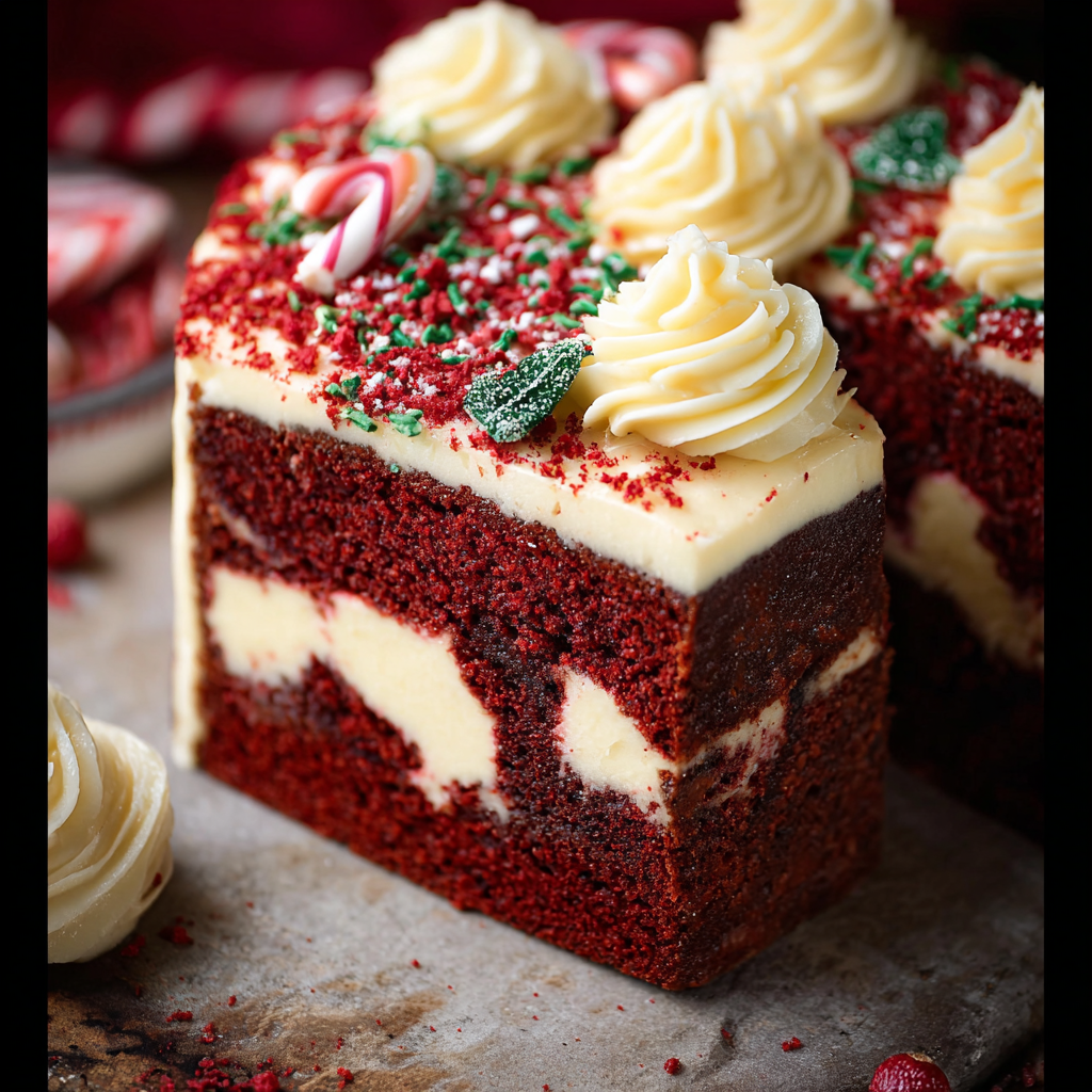 Red velvet cake sliced to reveal cheesecake center