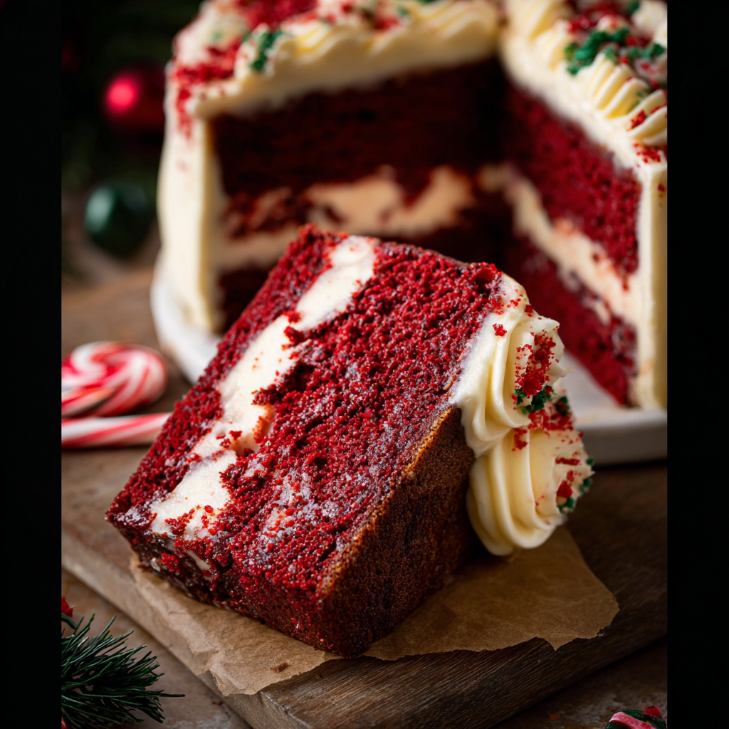 Close-up of frosting being spread on red velvet cake
