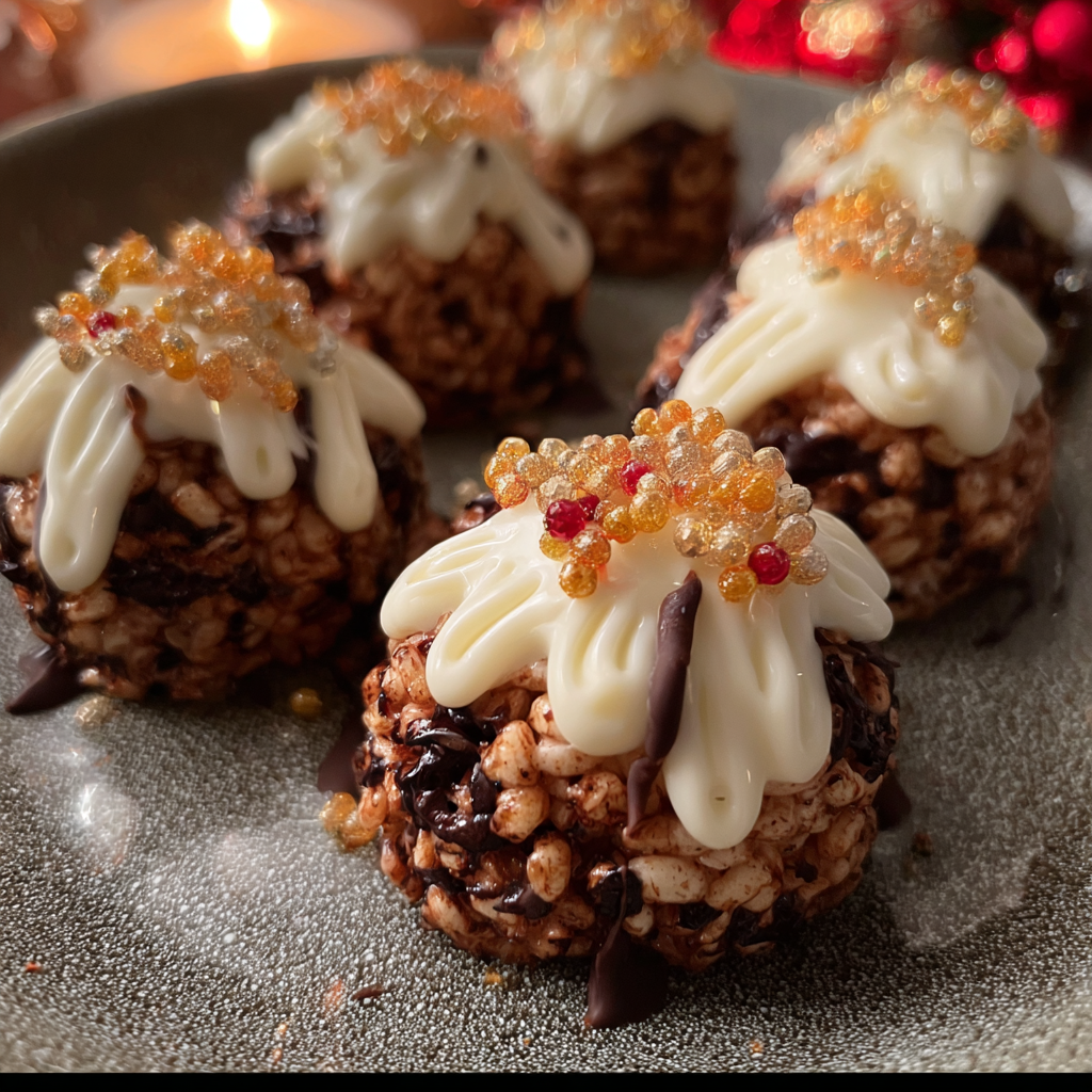 Close-up of decorated Rice Krispie Christmas Puds