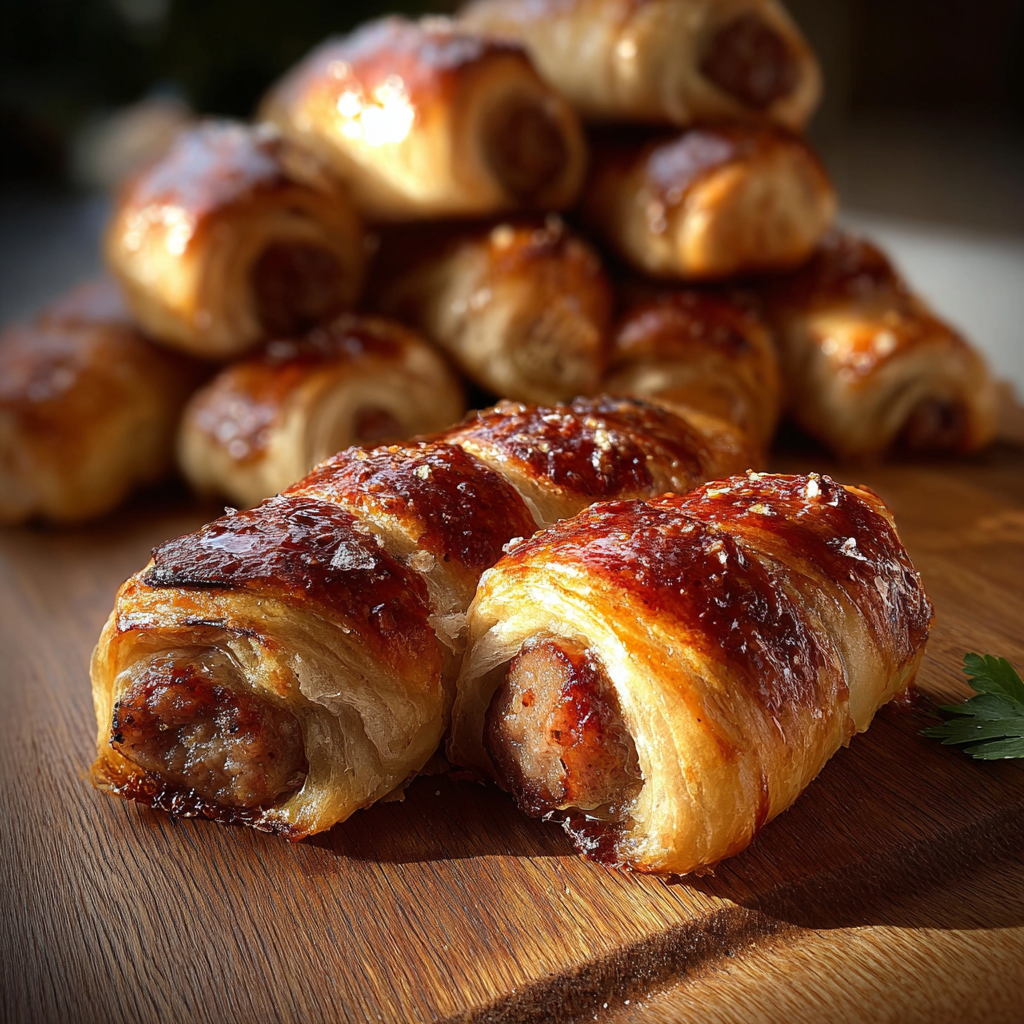 Glazed pigs in a blanket on baking sheet