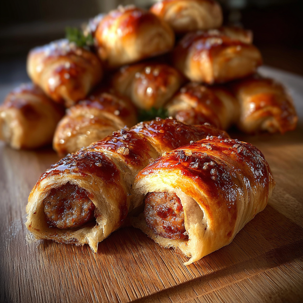 Close-up of glazed sausage wrapped in dough
