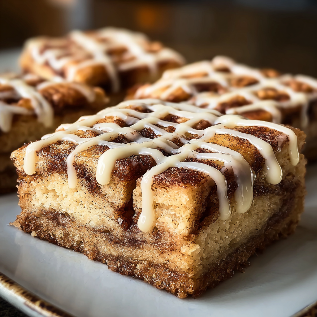 Cinnamon Roll Bliss Bars in a pan with glaze