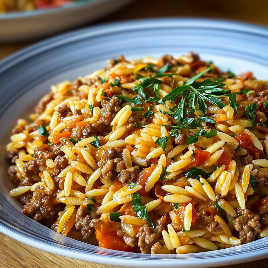 Orzo with minced meat in a skillet